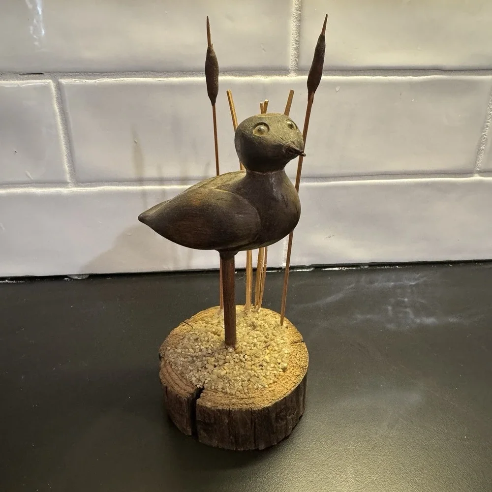 Vintage Wood Duck in‎ The Reeds Hand Carved Folk Art On Live Edge Stand